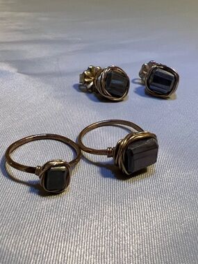 14K- Gold filled Wire Wrapped Rings and Stud Earrings with Pyrite Stones Set